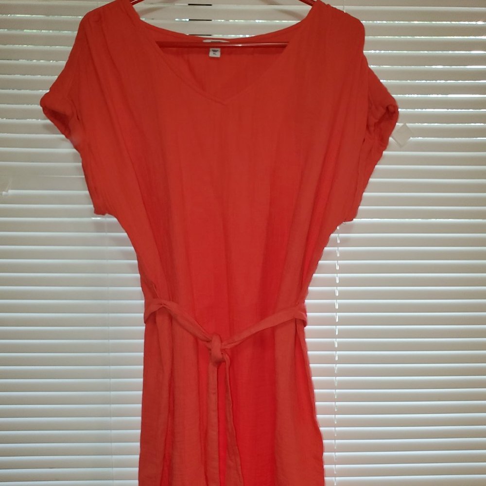 Cotton shift dress with self belt